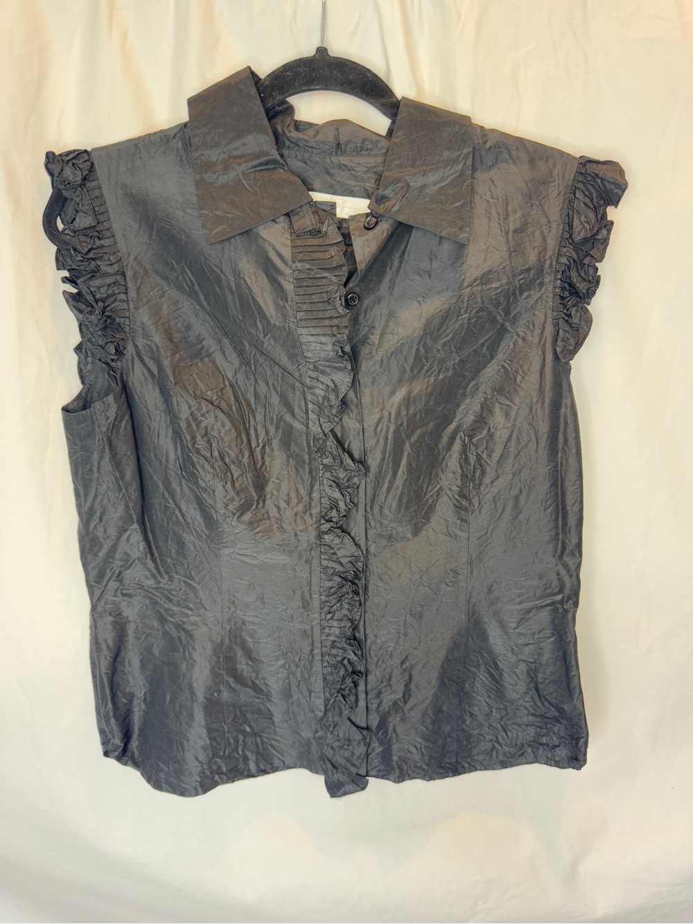 Oscar De La Renta Silk Women's Black Ruffle-Trim Sleeveless Button Front Top